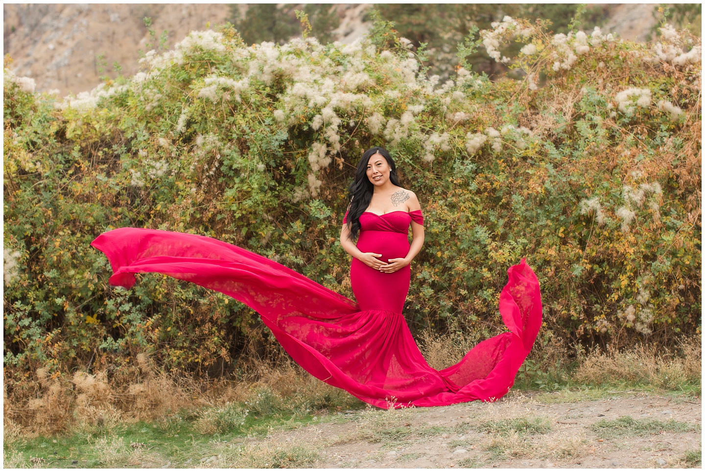 Vineyard and Mountain Red Dress Glamour Maternity Session Tiffany Joy W Photography