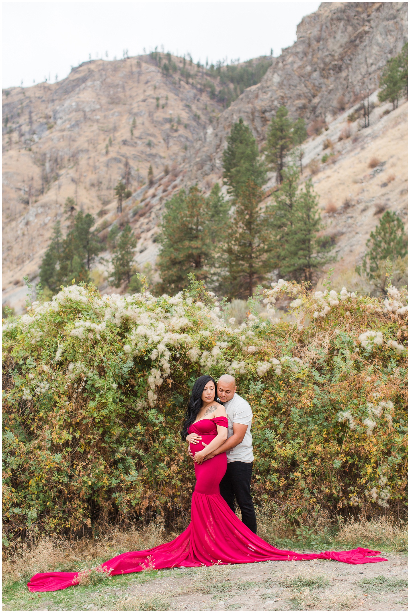 Vineyard and Mountain Red Dress Glamour Maternity Session Tiffany Joy W Photography