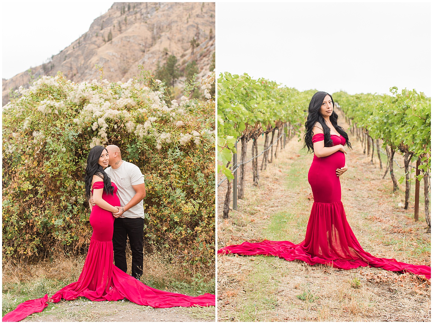 Vineyard and Mountain Red Dress Glamour Maternity Session Tiffany Joy W Photography