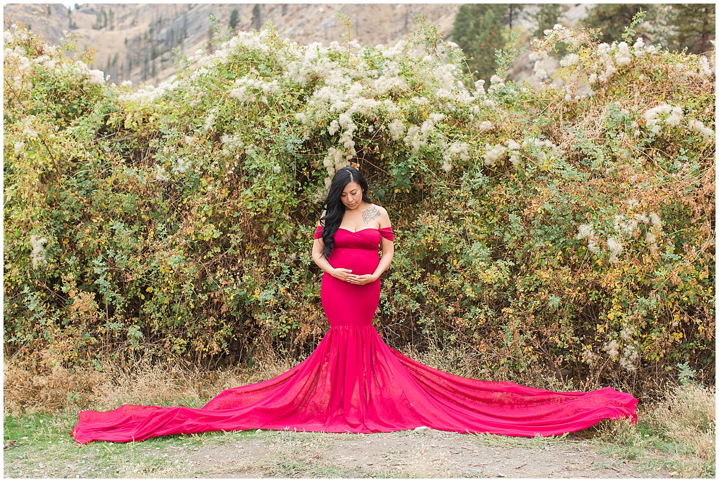 Vineyard and Mountain Red Dress Glamour Maternity Session Tiffany Joy W Photography