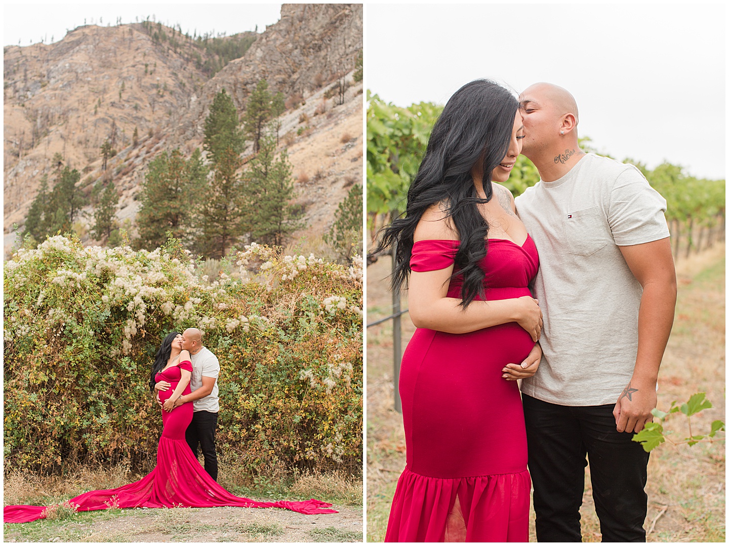 Vineyard and Mountain Red Dress Glamour Maternity Session Tiffany Joy W Photography