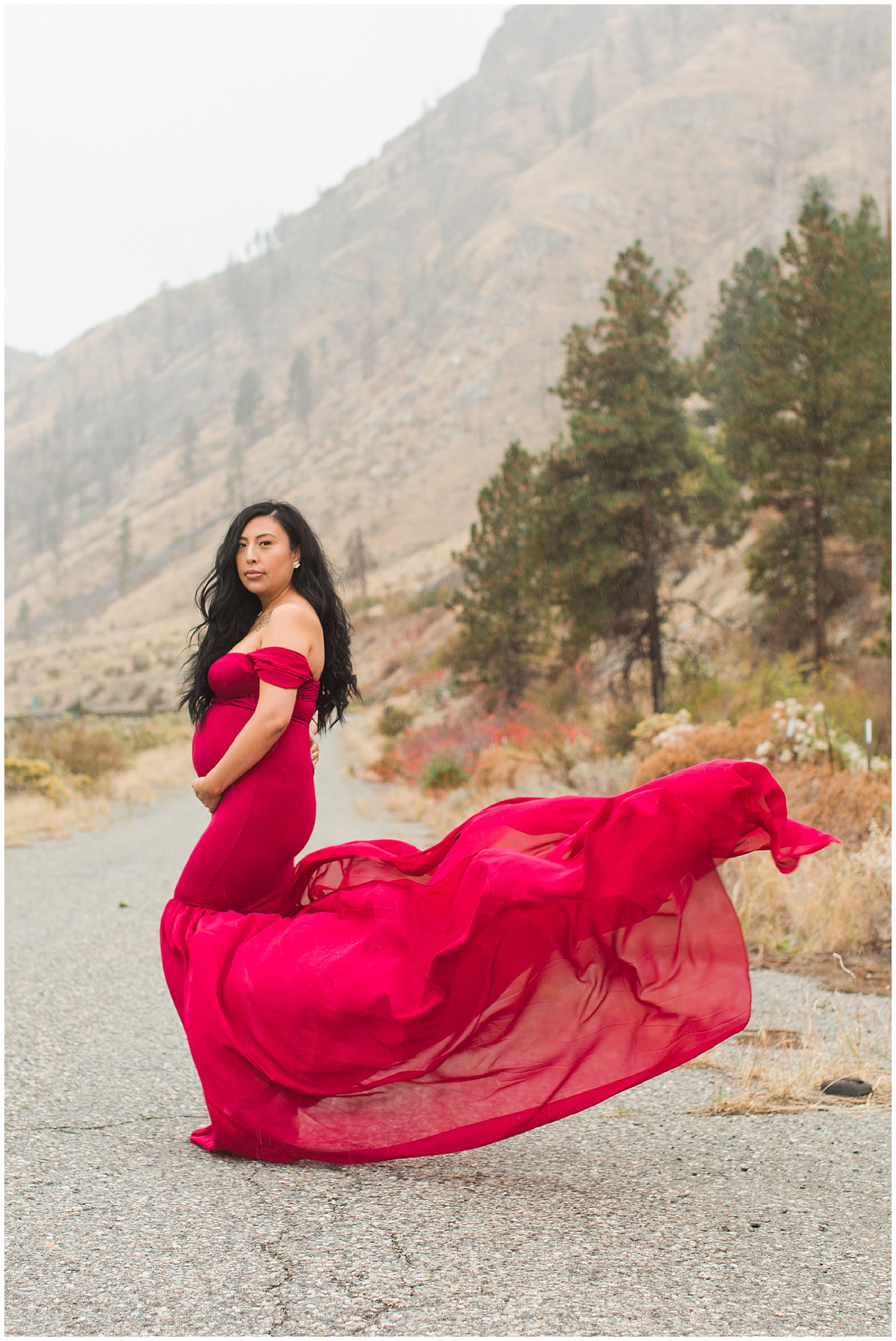 Vineyard and Mountain Red Dress Glamour Maternity Session Tiffany Joy W Photography